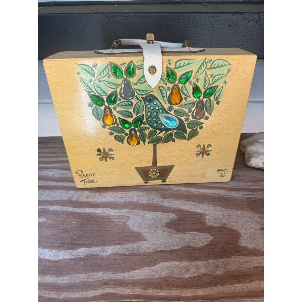 Enid Collins Pear Tree Wooden Box Purse With Jeweled Inlay Plastic Handle - Picture 3 of 10